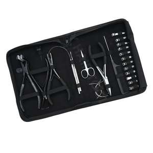 Kit d'outils pour extensions capillaires : Applicateur de bandes adhésives, Pince à micro-perles, Pince à sertir plate argentée, Crochet à boucle de fil et Pinces de sectionnement - Product Image 1