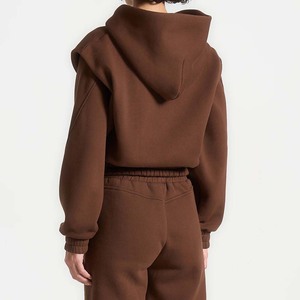 Vente en gros imprimé couleur unie 100% coton respirant fermeture éclair survêtement ensemble femmes debout devant lourd hiver sportif à capuche survêtement - Product Image 5