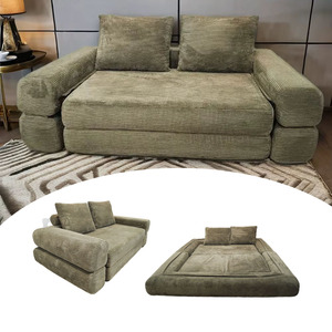 Canapé-<span class=keywords><strong>lit</strong></span> convertible 2-en-1 pliable avec oreiller, en velours côtelé vert, canapé compressé pour appartements - Product Image 1