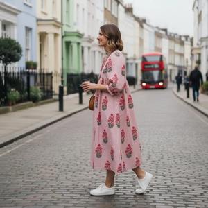 Robe midi en coton imprimé à la main, robe bohème à fleurs, robe d'été en coton, cadeau pour les filles, les femmes, mariage, festival, voyage - Product Image 3