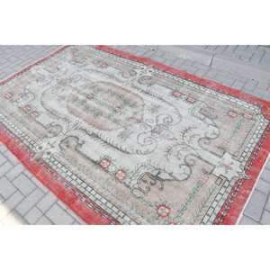 พรมขนสัตว์เย็บปะแบบวินเทจขนาด5.7x9.2ฟุตสีแดงผ้าทอแบบตุรกีสำหรับตกแต่งห้องนั่งเล่นพื้นหลังทำจากยาง - Product Image 4