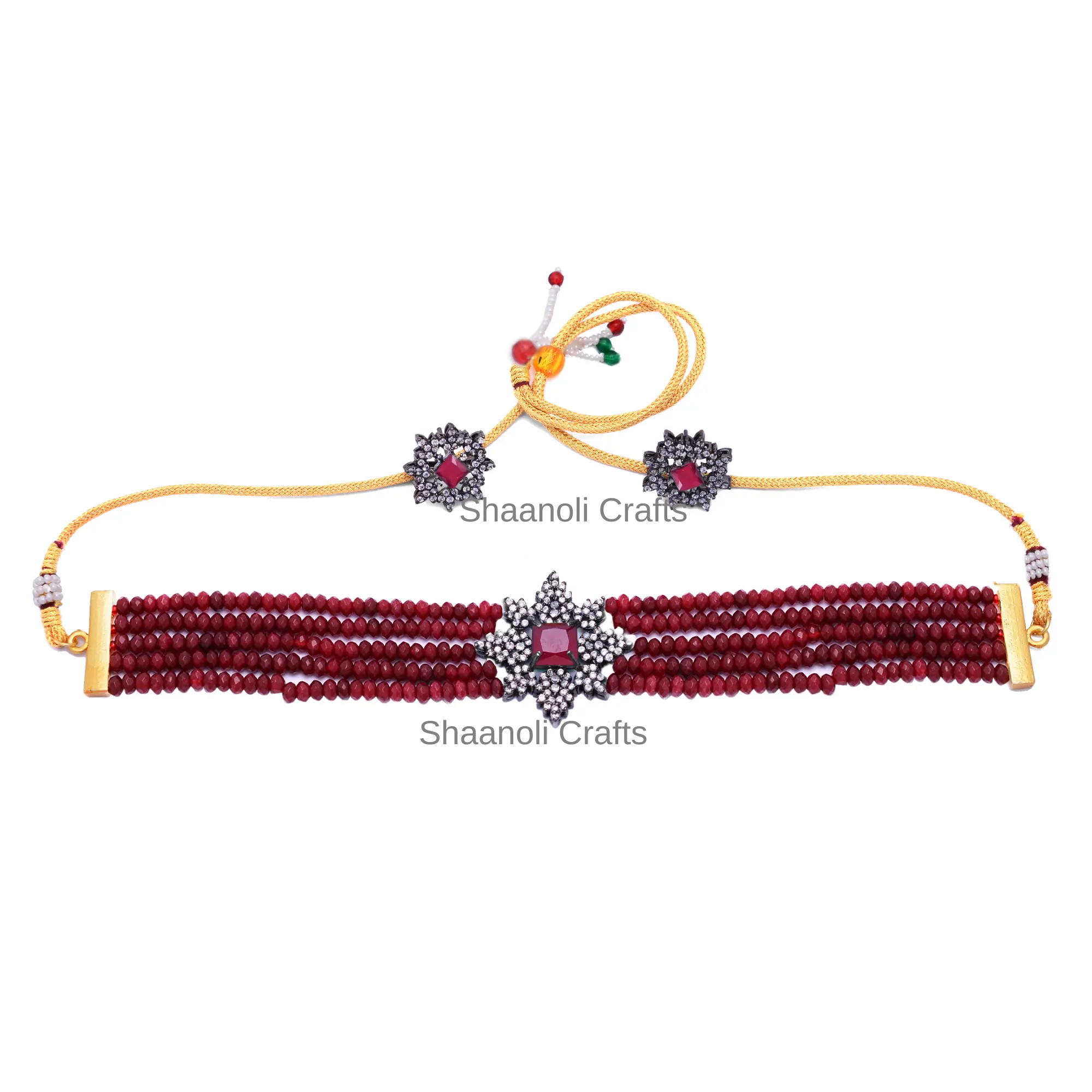 Royal Oxidise Finish CZ Stone Choker Necklace Set With Ruby Red Beads Handmade Indian Wedding Jewelry