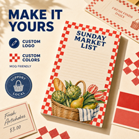 Bloc-notes personnalisé LABON pour le marché du dimanche, papier vieilli crème, bordure à carreaux rouges et blancs, motif panier aquarelle, tulipes, artichauts, poires