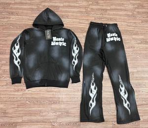 ชุดวอร์มล้างกรดโอเวอร์ไซส์ของผู้ชายชุดเสื้อมีฮู้ดและกางเกงขาบานแบบย้อนยุค - Product Image 3