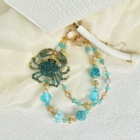 Breloque de téléphone en strass et perles, motif crabe, perles de cristal bleu lac, porte-clés, ornement de sac style océan