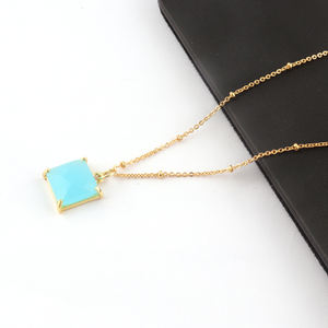 Damier coupe bleu ciel calcédoine broche réglage forme carrée pendentif collier en laiton plaqué or perlé chaîne déclaration collier - Product Image 2