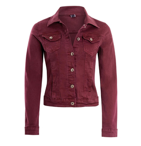 Chaqueta vaquera roja de alta calidad y estilo a la moda al por mayor, ropa rasgada con cuello vuelto para mujer, chaqueta vaquera - Product Image 1