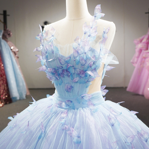 ชุดราตรีงาน Quinceanera สีน้ำเงินสไตล์วินเทจ ประดับคริสตัลและลูกปัดอย่างสวยงาม พร้อมลายผีเสื้อพิมพ์ลายแบบอิลลูชั่น  หมายเลข 6983 - Product Image 5