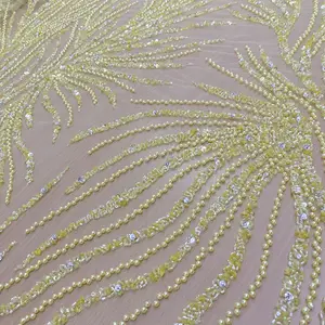 Perlen Stoff Hochzeit Custom Classical 100% Polyester Luxus Spitze Feine Stickerei Perlen Pailletten und Glas kristall Stoff