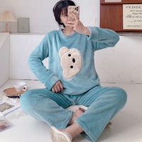 Ensemble pyjama en flanelle d'hiver pour femmes, haut et pantalon à manches longues imprimés de dessins animés, polaire corail doux, vêtements de détente à taille élastique