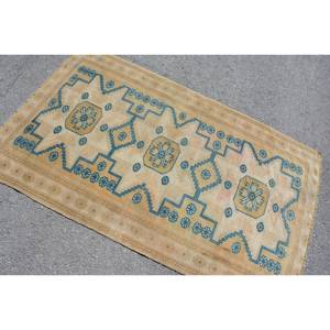 Alfombra turca vintage de 3,4x5,5 pies, diseño de retazos azul beige, lana hecha a mano con respaldo de látex, estilo Tabriz para sala de estar de adolescentes - Product Image 4
