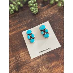 Lydia Begay Kingman <b>Earrings</b> Turquoise & Sterling <b>Silver</b> Post Dangle Cluster Stud Drop for Gift Featuring Gold Pearl & Diamond - Product Image 4