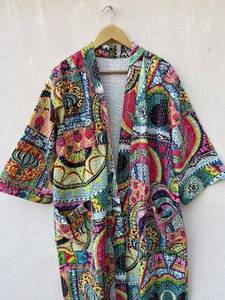 Nuevo Albornoz de Algodón 100% SILKGRAM para Mujer, Kimono Kantha Hecho a Mano, Estampado de Frutas Beige, Estilo Dulce, Cintura Natural, Cuello en V - Product Image 3
