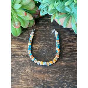Handmade Beaded <b>Bracelet</b> with Southwest Mohave Turquoise & Sterling <b>Silver</b> for Gift Occasions - Product Image 1