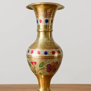 Vase à fleurs en laiton artisanal, design moderne gravé Meenakari traditionnel, finition polie, décoration pour la maison et le bureau, grand et durable - Product Image 1