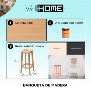 WELL HOME Taburete Alto de Madera con Acabado Barnizado 32x32x70 cm - Product Image 2