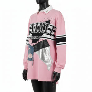 Maillot de rugby pour homme de qualité supérieure, 240 GSM, coton et polyester interlock, panneau contrasté rose, logo appliqué personnalisé, évacuation de l'humidité - Product Image 4