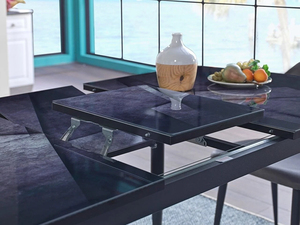 Ensemble de salle à manger moderne de luxe, table extensible à motif marbre noir avec 4 chaises rembourrées en velours gris, pieds en métal noir - Product Image 2