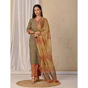 Conjunto de Kurta y Pantalón de Algodón Estampado Butta Block Verde Mar para Niñas, Traje Étnico Estilo Indio Pakistaní para Fiesta, Tela de Red Cosida - Product Image 4