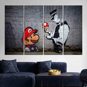 Toile de graffiti Banksy : Impression d'œuvres d'art Super Mario et Policeman, LOT DE 4 TOILES - Product Image 1
