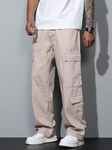 Lujosos pantalones cargo de mezclilla de lona holgados para hombres Estilo casual Peso medio Diseño de pierna ancha Cierre de cordón para patinadora de hip hop - Product Image 5