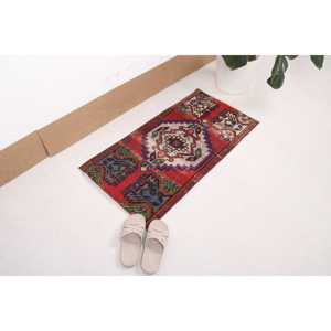 1.6x3.2 ft Vintage Small Turkish Moroccan <b>Wool</b> Rug <b>Red</b> Blue Patchwork Design Eco-Friendly Latex Backing - Product Image 2
