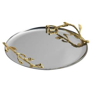 Beautiful Round <b>Silver</b> <b>Mirror</b> Finished Serving <b>Tray</b> with Gold Leaf Design Handle for Home Parties Festive Display and Gifting - Product Image 2