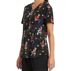 Women's Black Grinch Print <b>Scrub</b> <b>Top</b> 100% Cotton Woven V-Neck Short Sleeve Hospital Uniforms KATBROS INDUSTRY - Product Image 3