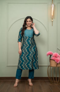 fashor Women's Cotton Geometric Regular Kurta Silk Blend Blue Dyed/ Washed Kurta Pants With Dupatta Set - Product Image 2