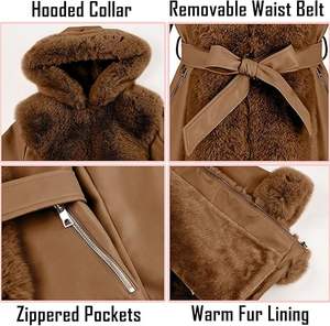 Manteau d'hiver chauffant pour femmes Long col en fausse fourrure épais chaud lourd pardessus fermeture à glissière Polyester remplissage respirant ceinturé avant - Product Image 4