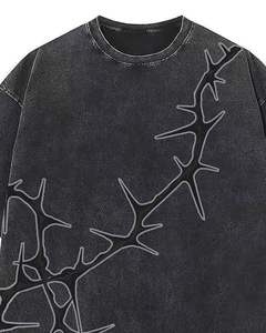 T-shirt unisexe en coton noir délavé surdimensionné, imprimé abstrait de pointes, délavage acide, épaules tombantes, streetwear, décontracté, pour l'été - Product Image 4