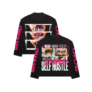 Camiseta de manga larga de algodón grueso de 220 GSM, negra, con estampado gráfico DTG, logotipo personalizado, 100% algodón, para hombre, corte holgado. - Product Image 4