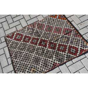 พรมสไตล์ตุรกีโบราณขนาด2.7X3.5ฟุตการออกแบบการเย็บปะติดปะต่อกันสีแดงสีดำถักแบบแบนวัสดุขนสัตว์10มม. สำหรับวัยรุ่น - Product Image 2