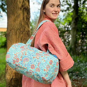 Indian Cotton Duffle Tote Bag Women <b>Quilted</b> Floral Bohemian Block Print Perfect <b>Summer</b> Winter Beach Travel Handmade Vintage Bag - Product Image 1