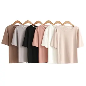 2023 mujeres moda Camisetas cuello redondo OEM Casual mujer color sólido mujeres camisetas o cuello manga corta logotipo personalizado Tops manga corta - Product Image 1