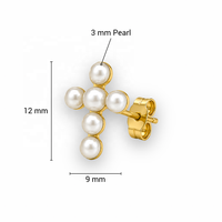 JJBRAVO - Pendientes de Cruz Cristiana de Oro Sólido de 14k con Perla de Agua Dulce de 3mm, Joyería Religiosa para Mujer, Regalo para Bodas y Fiestas