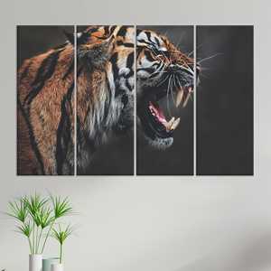 Arte de pared en lienzo de tigre rugiente: impresión de un feroz depredador de la selva, JUEGO DE 4 LIEÑOS - Product Image 1