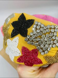 Wide Knotted Turban <b>Headband</b> with Star Beaded Design Trendy Fabric and Velvet Accessory Plain Braided Style - Product Image 2