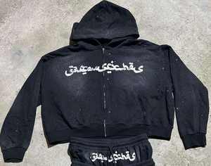 Double Waisted Rhinestone Acid Wash Sweatsuit for <b>Men</b> Sun Faded Cotton Zip Hoodie & Flared Sweatpants Set - Product Image 3