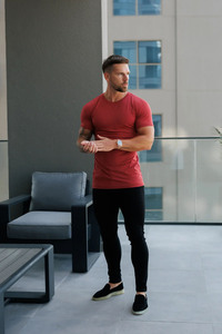 เสื้อยืดคอกลมลายอิฐไม้ไผ่สีแดงสำหรับผู้ชายเสื้อยืดผ้าฝ้ายระบายอากาศออกแบบโลโก้ได้ตามต้องการสำหรับยิม - Product Image 3