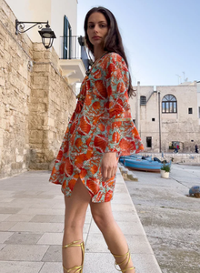 Vestido corto informal de manga larga con estampado Floral para mujer, minivestido con cuello en V - Product Image 3