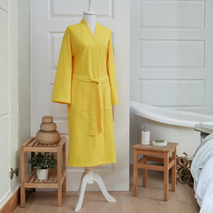 Peignoir unisexe en coton interlock tricoté gaufré, idéal pour hôtels et spas, personnalisable avec logo, fournisseur OEM, fabriqué en Turquie - Couleur Jaune - Product Image 1