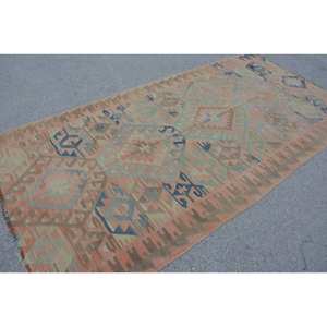 Classic Kilim Rug 4.9 X 9.8ft Handmade Brown Green Polyester Wool Latex Vintage Turkish Rectangle Patchwork Design for Living - Product Image 4