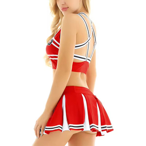 Women Cheerleader Two Piece <b>Set</b> Sleeveless Criss Cross Top With Pleated Skirt Red White Sporty Uniform Spring Summer - Product Image 2