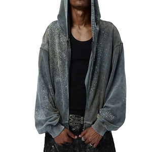 Style Vintage Streetwear hommes sweats à capuche surdimensionnés lavé à l'acide français éponge tissu strass fermeture éclair respirant-100% coton hiver - Product Image 3