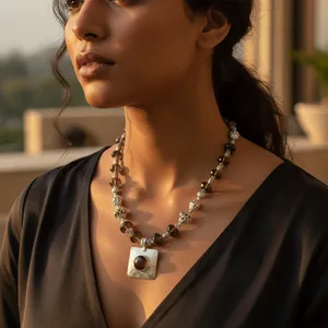 Collier pendentif en argent 925 avec perle de quartz fumé pour femme, style bohème géométrique, bijoux à porter au quotidien - Product Image 1