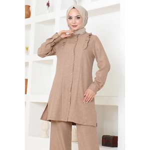MSW19224-4 Conjunto de Dos Piezas Color Taupe con Detalle de Volantes, Estilo Casual Diario, Top y Pantalones Midi, Estampado Sólido, Tejido de Algodón, ODM, Uso Diario - Product Image 2