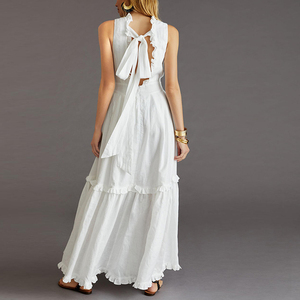 2025 OEM Ăn Mặc Nhà Máy Tùy Chỉnh V Cổ Ren Halter Bow <span class=keywords><strong>Midi</strong></span> Trắng Tinh Khiết Bông <span class=keywords><strong>Maxi</strong></span> Không Tay Của Phụ Nữ Mùa Hè Ăn Mặc - Product Image 3