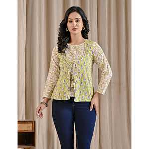 Haut asymétrique en coton vert imprimé à la main pour femme, col à volants, longueur longue, taille XL, brodé, en popeline unie tricotée - Product Image 3