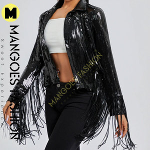 Women's Autumn Winter Black Color <b>Sequin</b> Party <b>Jackets</b> Sparkly Long Sleeve Open Front Tassel Blazers Cotton Filling Quilted - Product Image 2